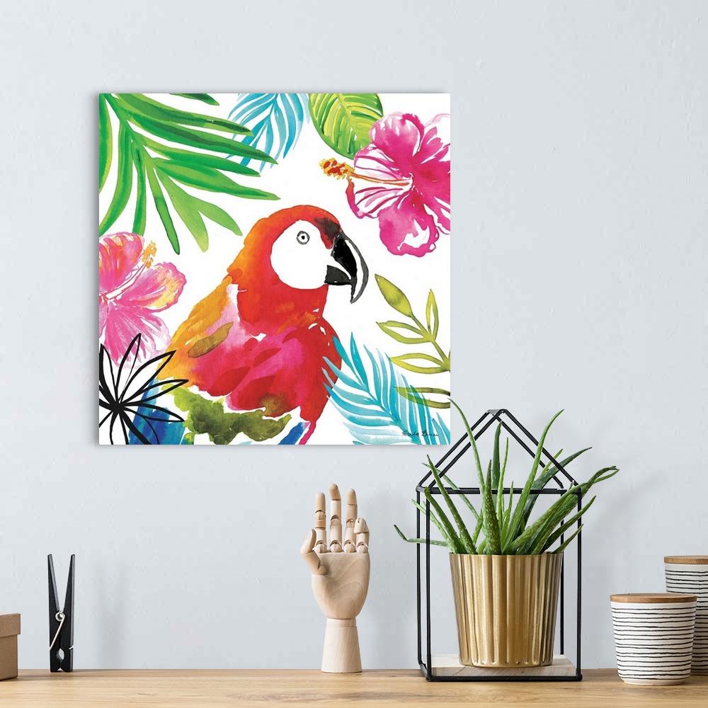 A bohemian room featuring Vibrant painting of a parrot surrounded by tropical plants and flowers on a white square background.