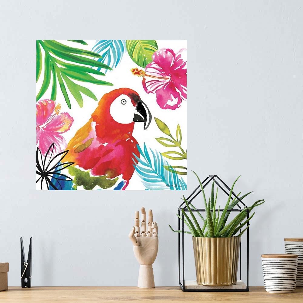 A bohemian room featuring Vibrant painting of a parrot surrounded by tropical plants and flowers on a white square background.