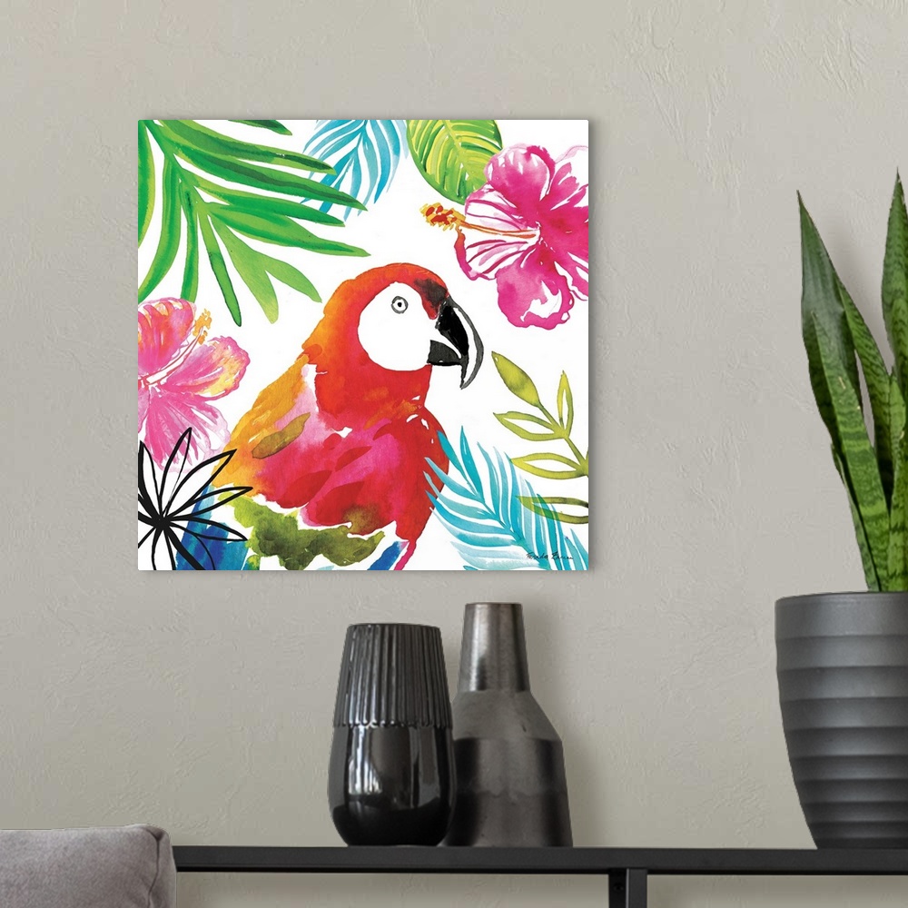 A modern room featuring Vibrant painting of a parrot surrounded by tropical plants and flowers on a white square background.