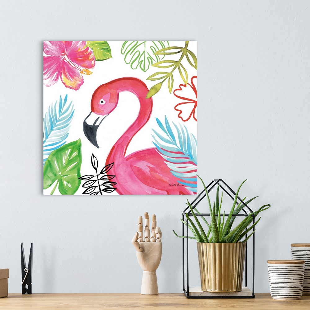 A bohemian room featuring Vibrant painting of a flamingo surrounded by tropical plants and flowers on a white square backgr...