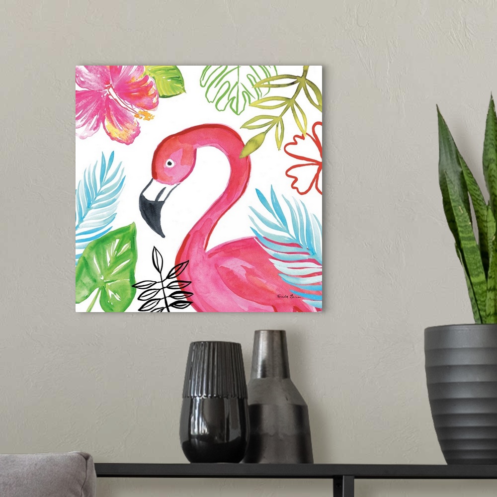 A modern room featuring Vibrant painting of a flamingo surrounded by tropical plants and flowers on a white square backgr...
