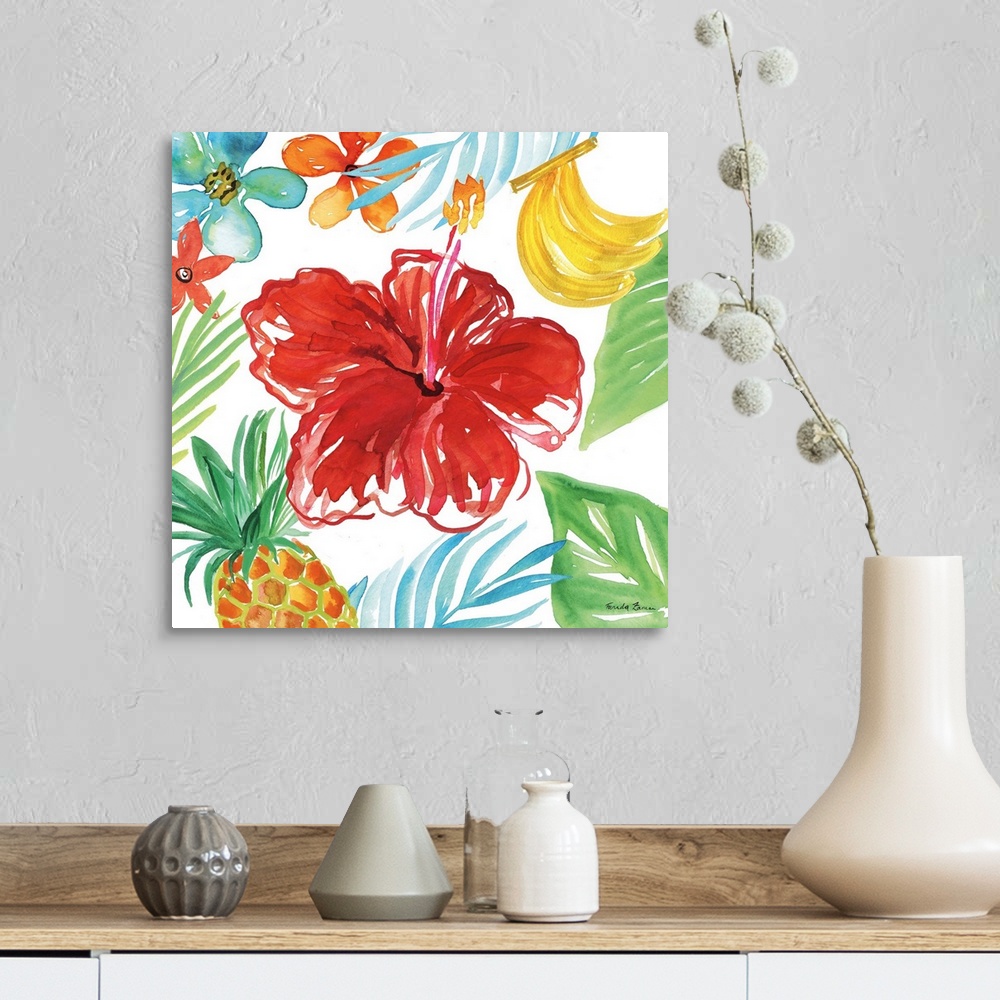 A farmhouse room featuring Vibrant painting of a red flower surrounded by tropical plants, flowers, and fruit on a white squ...