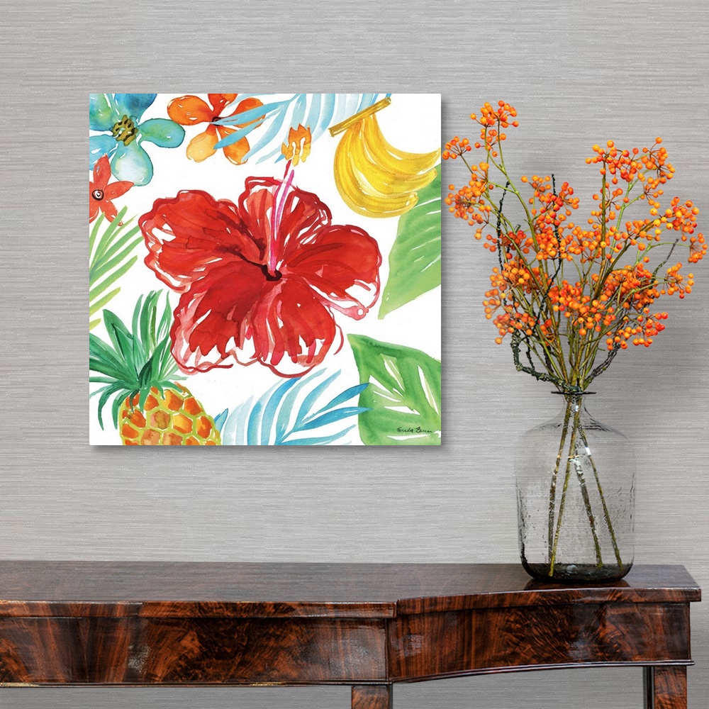 A traditional room featuring Vibrant painting of a red flower surrounded by tropical plants, flowers, and fruit on a white squ...