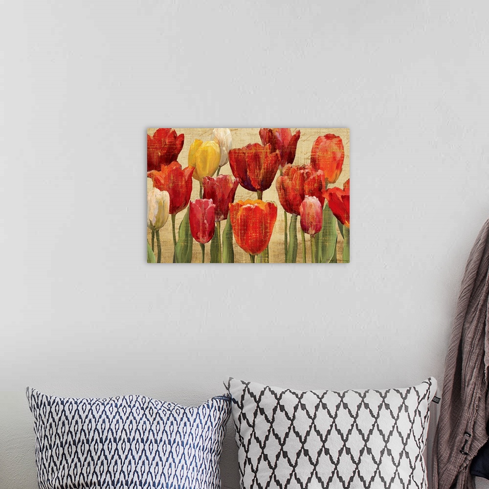 A bohemian room featuring Up-close painting of flowers standing tall in a bunch.