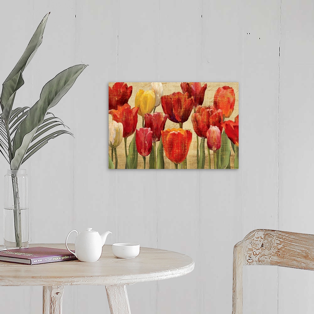 A farmhouse room featuring Up-close painting of flowers standing tall in a bunch.