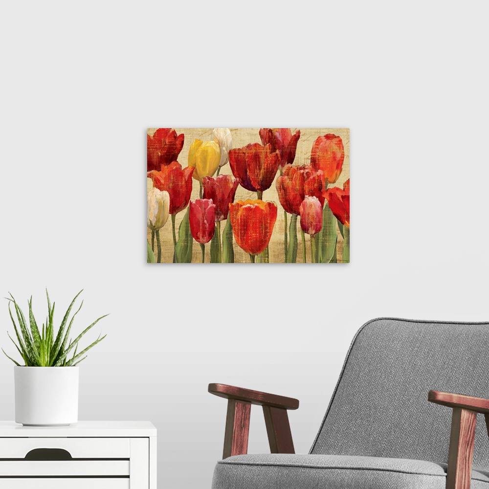 A modern room featuring Up-close painting of flowers standing tall in a bunch.
