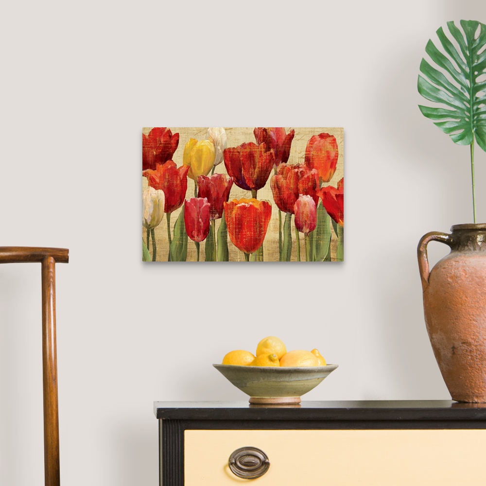 A traditional room featuring Up-close painting of flowers standing tall in a bunch.