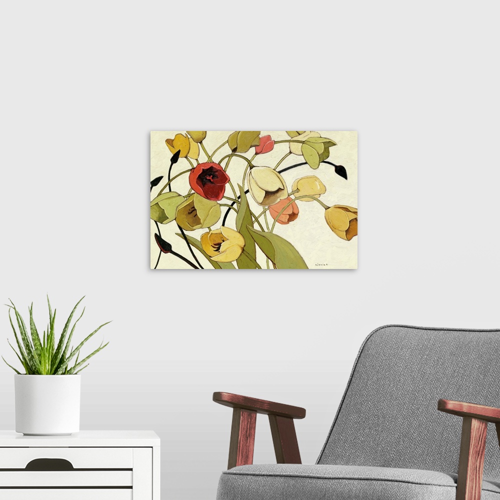 A modern room featuring Contemporary painting of flower blooming surrounded by their leaves and other flower buds.