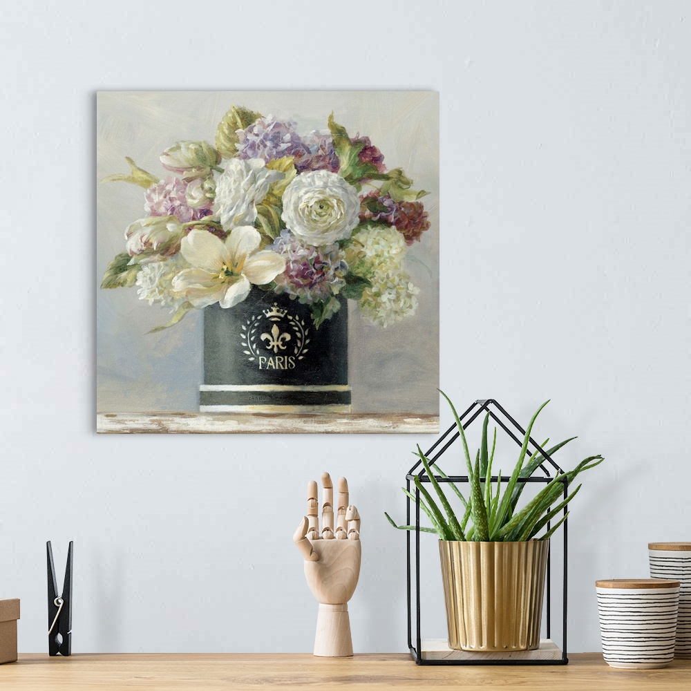 A bohemian room featuring Contemporary painting of a bouquet of flowers in a planter, sitting on a table.