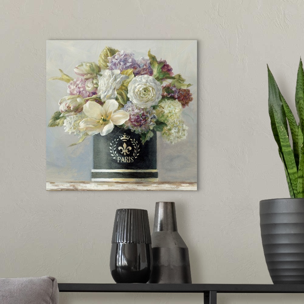 A modern room featuring Contemporary painting of a bouquet of flowers in a planter, sitting on a table.