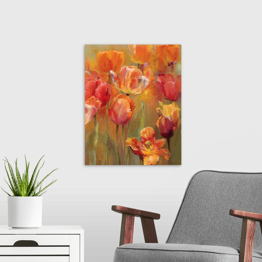 A modern room featuring Contemporary painting of several tulip flowers in different shades of orange and pink in warm lig...