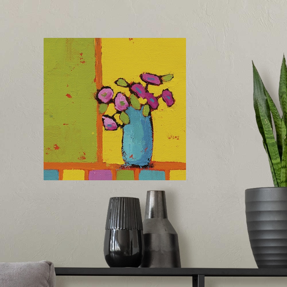 A modern room featuring Bright square abstract painting of a turquoise vase filled with pink flowers on a multicolored ba...