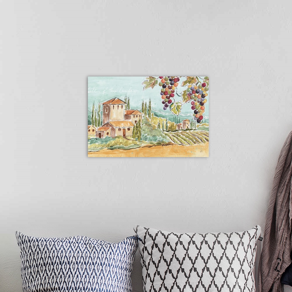 A bohemian room featuring Decorative artwork of a colorful Tuscan landscape and faint text throughout.