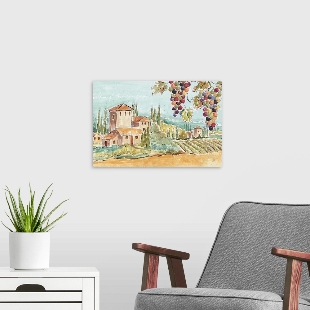 A modern room featuring Decorative artwork of a colorful Tuscan landscape and faint text throughout.