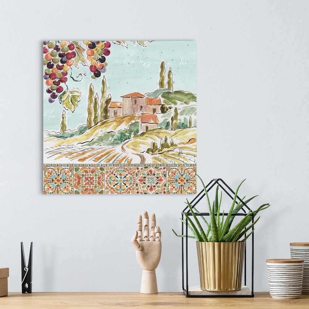 A bohemian room featuring Decorative artwork of a colorful Tuscan landscape with mosaic tile design lining the bottom and f...