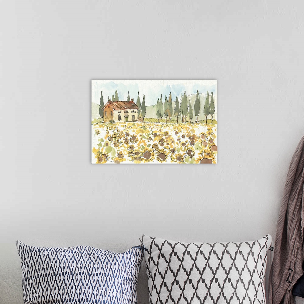 A bohemian room featuring Watercolor painting of a Tuscan landscape with a field of sunflowers in the foreground.