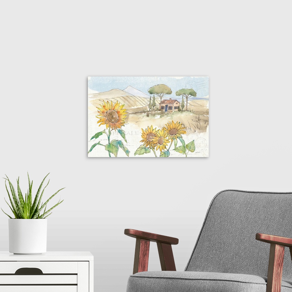 A modern room featuring Watercolor painting of a Tuscan landscape with sunflowers in the foreground and a cottage with ro...