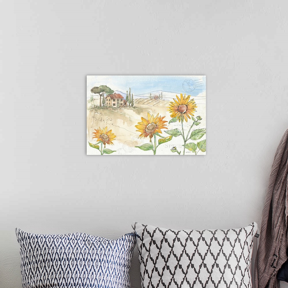 A bohemian room featuring Watercolor painting of a Tuscan landscape with sunflowers in the foreground and a cottage with ro...
