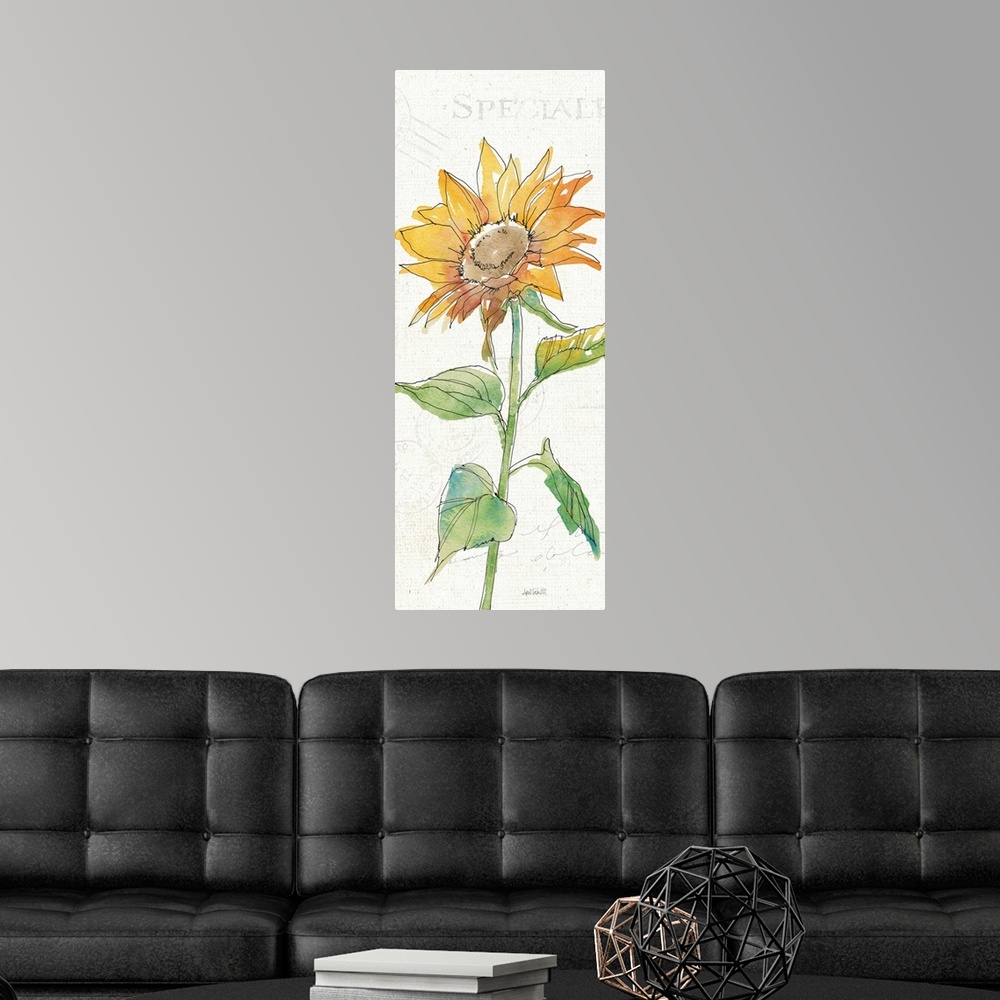 A modern room featuring Tall watercolor painting of a single sunflower on a white background with faint text.