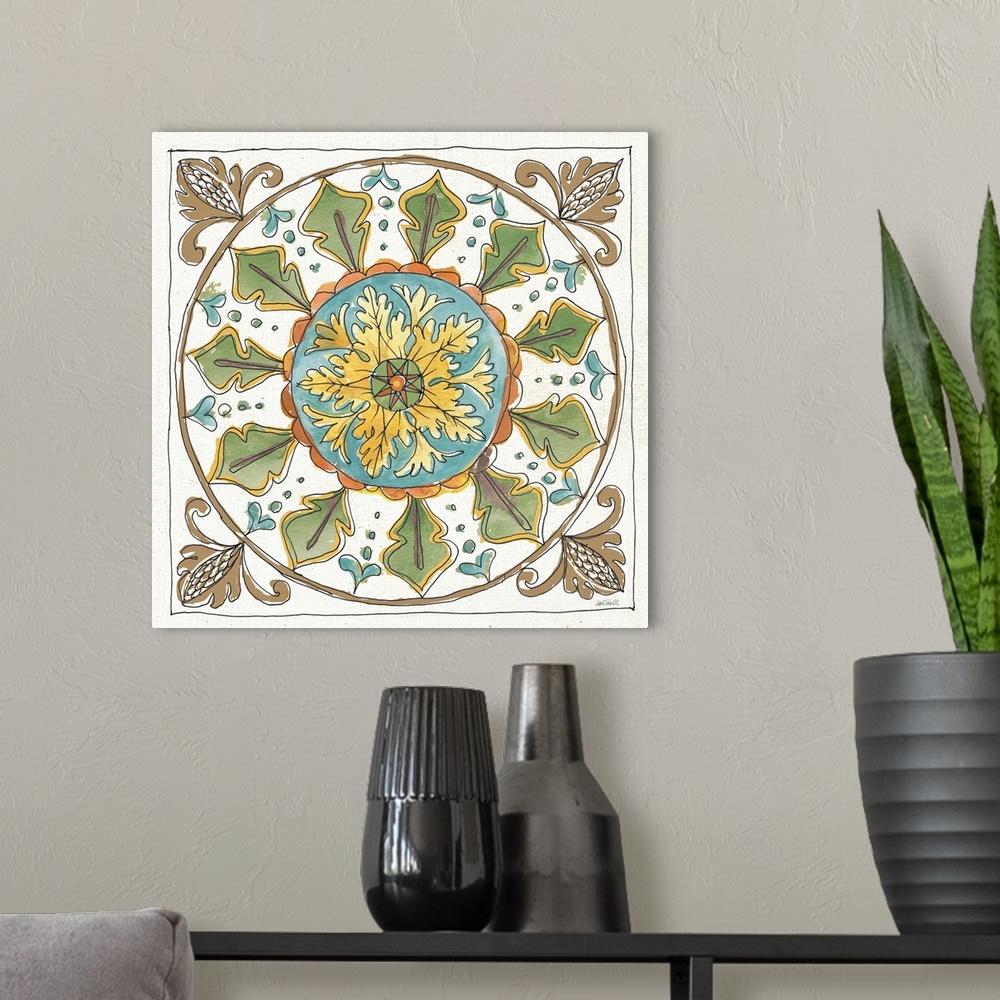 A modern room featuring Square art with a symmetric Tuscan tile design.