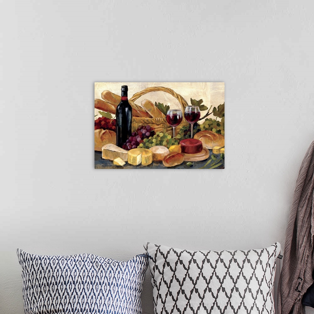 A bohemian room featuring A transitional style still life of a basket of bread, cheese, wine and bunches of grapes. This me...