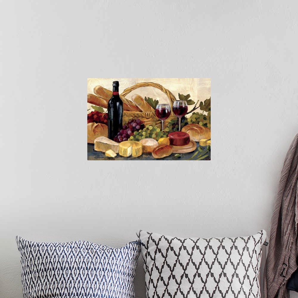 A bohemian room featuring A transitional style still life of a basket of bread, cheese, wine and bunches of grapes. This me...