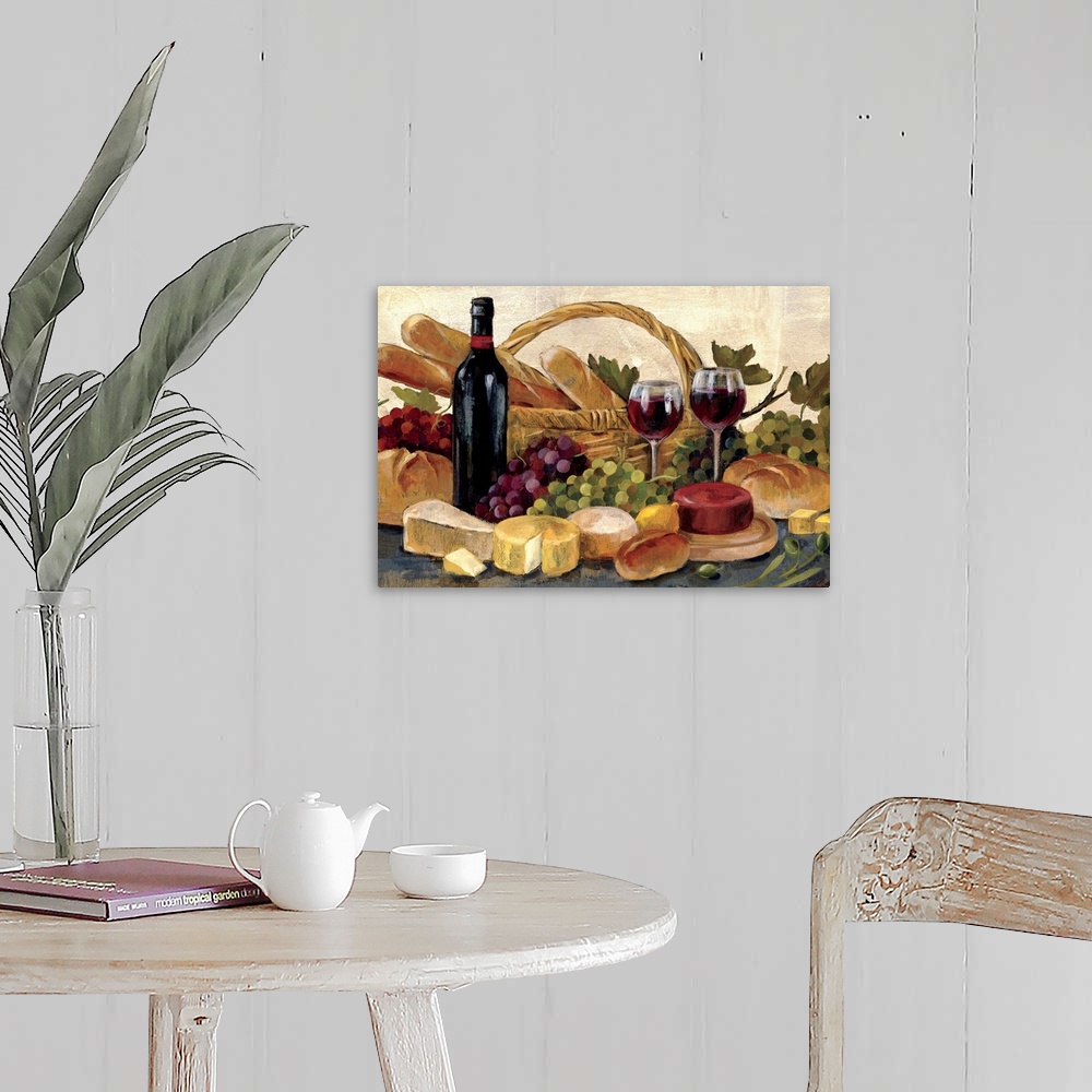 A farmhouse room featuring A transitional style still life of a basket of bread, cheese, wine and bunches of grapes. This me...