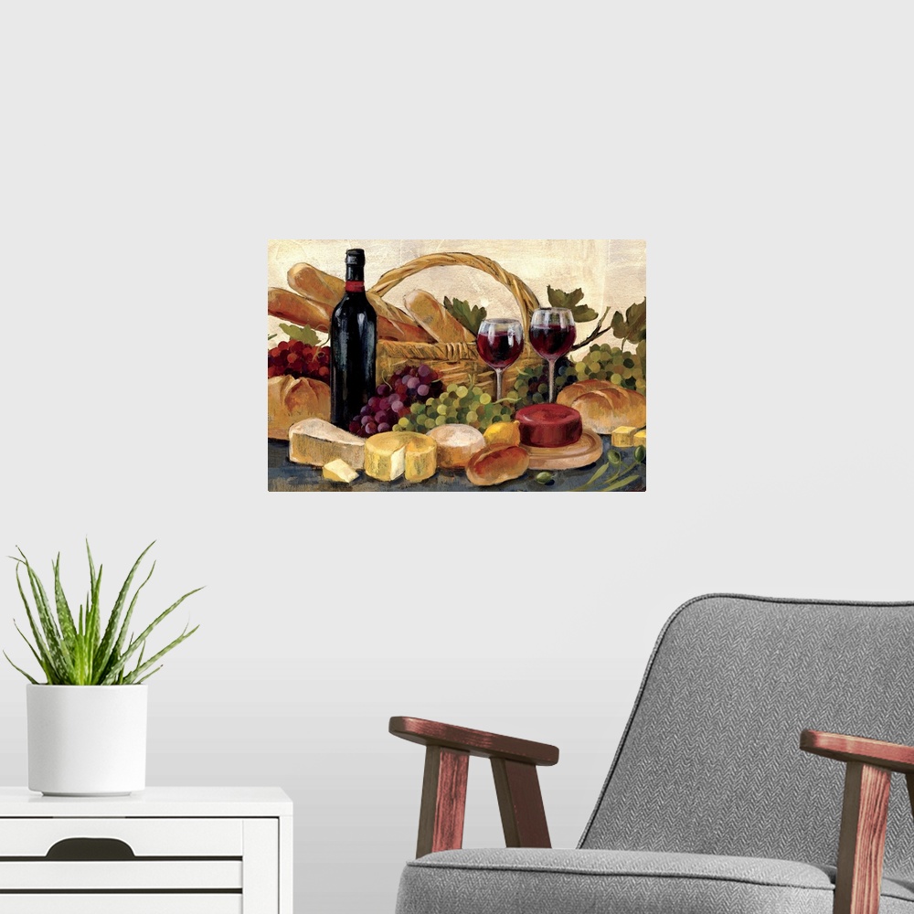 A modern room featuring A transitional style still life of a basket of bread, cheese, wine and bunches of grapes. This me...