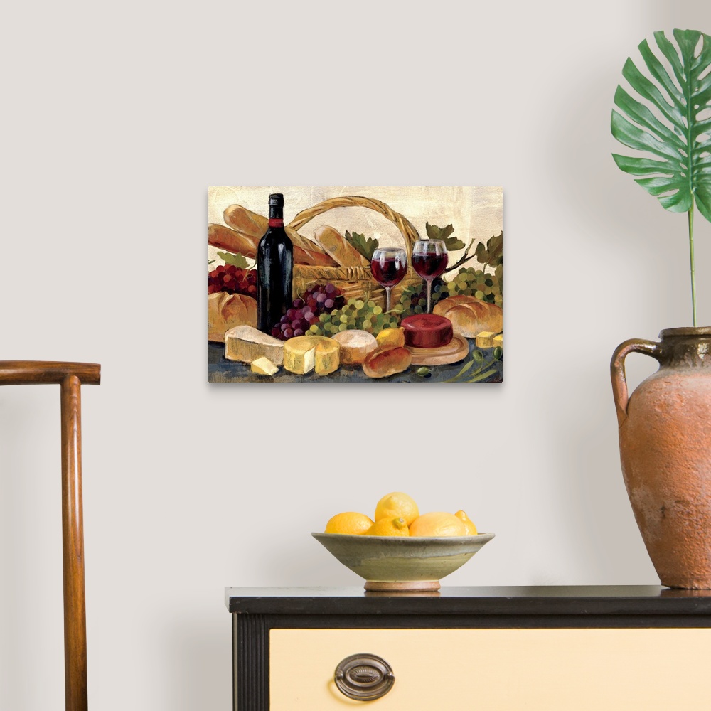 A traditional room featuring A transitional style still life of a basket of bread, cheese, wine and bunches of grapes. This me...