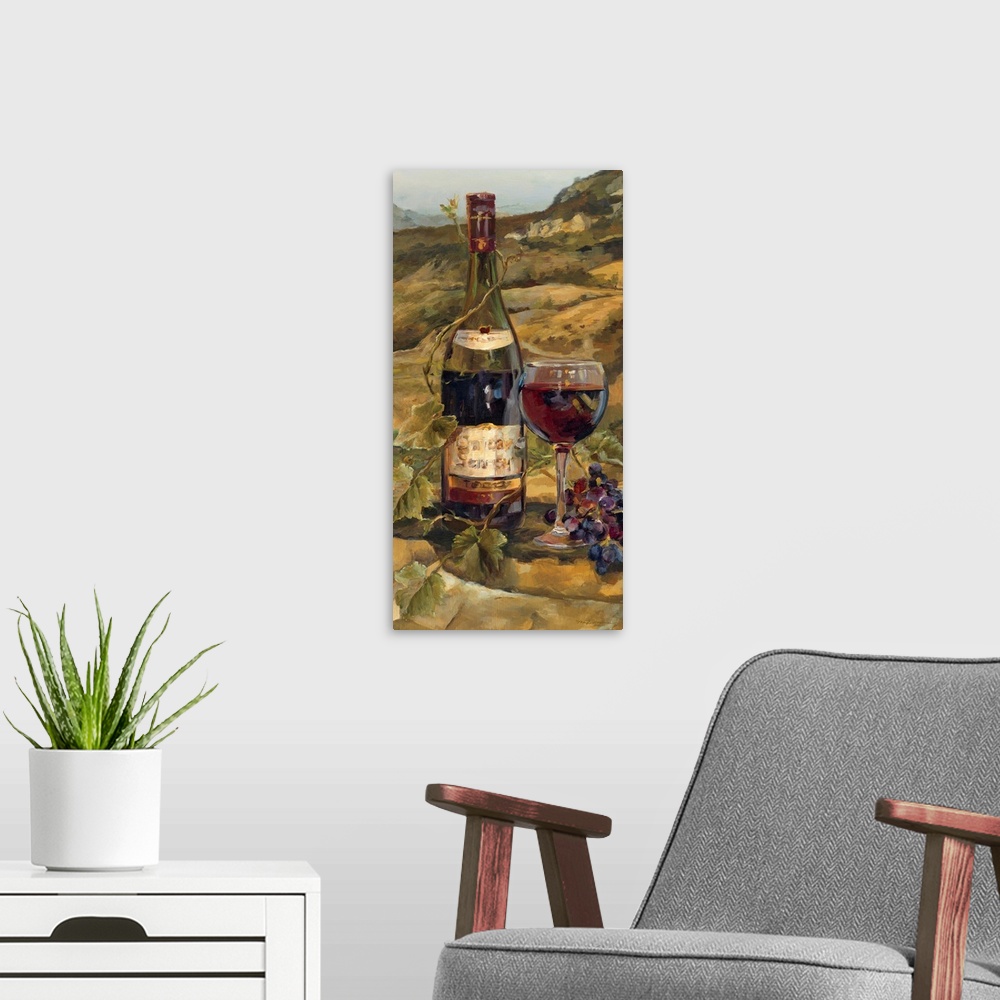 A modern room featuring Panoramic contemporary art showcases a bottle and glass of wine surrounded by a vine and group of...