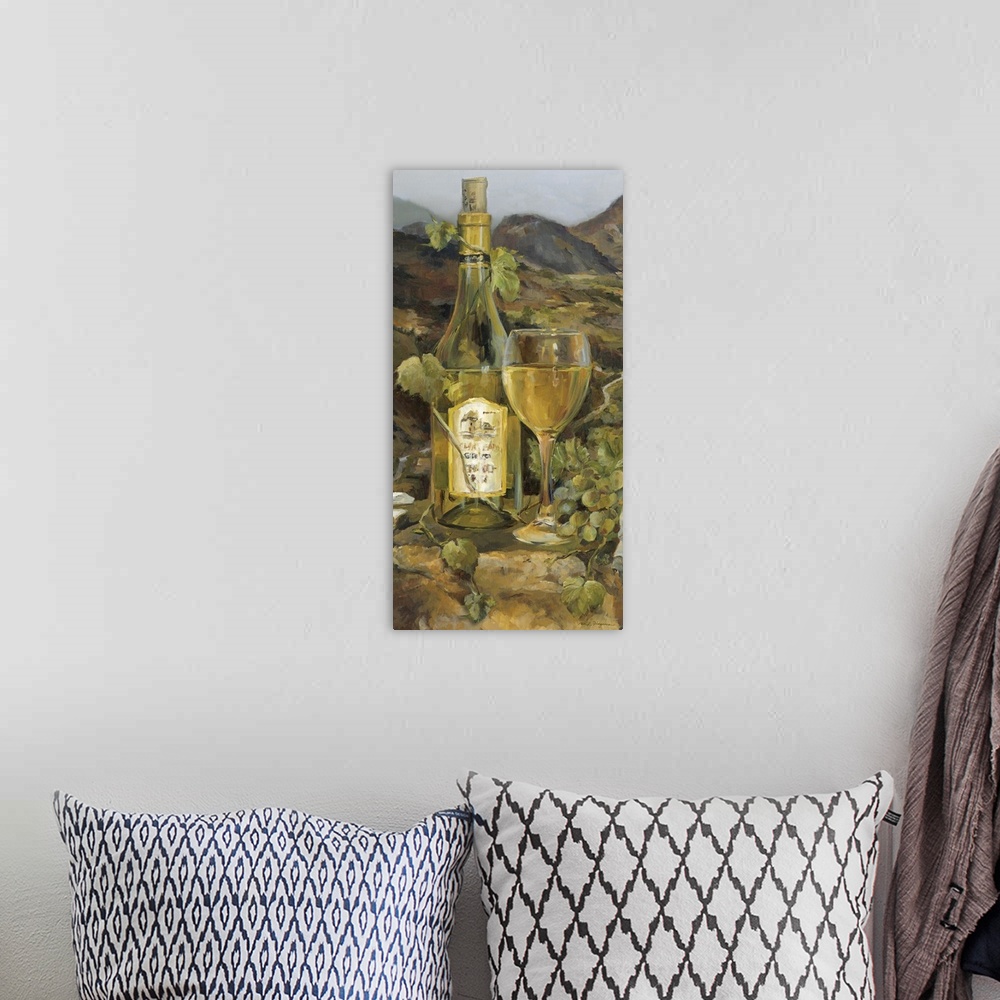 A bohemian room featuring Contemporary docor painting of a glass of white wine next to a bottle decorated with grapes and a...