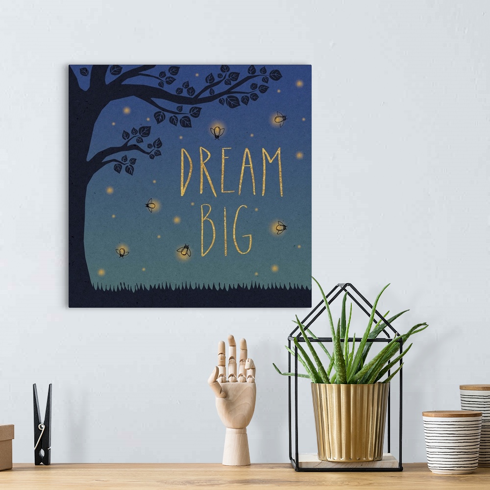 A bohemian room featuring "Dream Big" in yellow letters surrounded by fireflies and a tree silhouette.