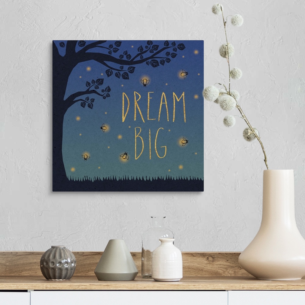 A farmhouse room featuring "Dream Big" in yellow letters surrounded by fireflies and a tree silhouette.