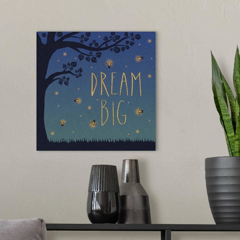 A modern room featuring "Dream Big" in yellow letters surrounded by fireflies and a tree silhouette.