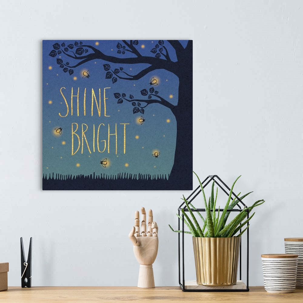 A bohemian room featuring "Shine Bright" in yellow letters surrounded by fireflies and a tree silhouette.