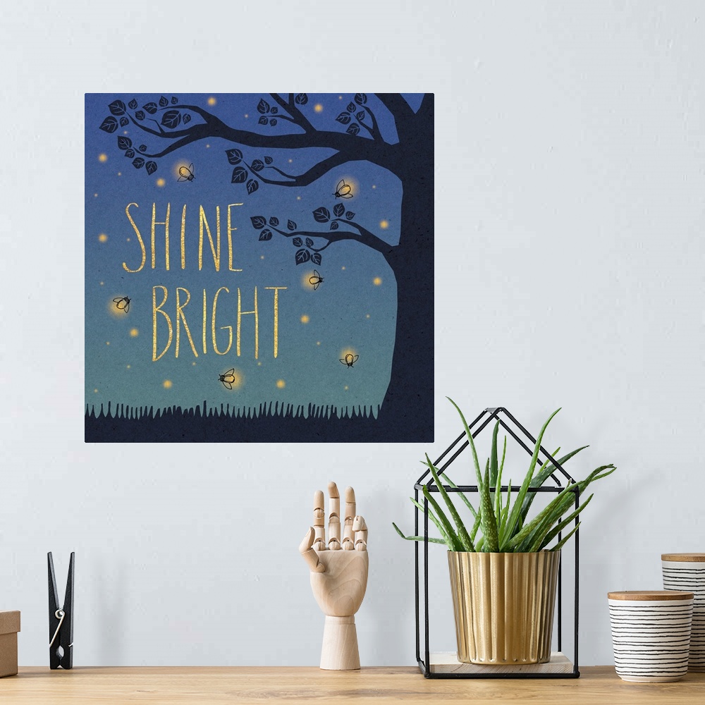 A bohemian room featuring "Shine Bright" in yellow letters surrounded by fireflies and a tree silhouette.
