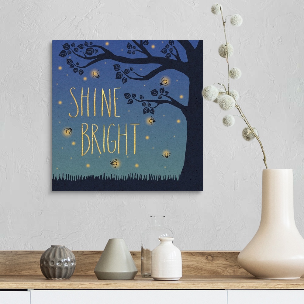 A farmhouse room featuring "Shine Bright" in yellow letters surrounded by fireflies and a tree silhouette.