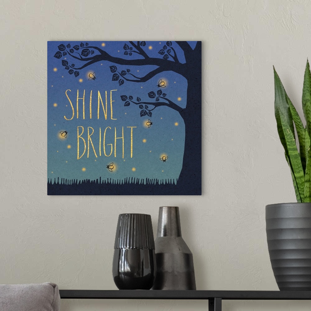 A modern room featuring "Shine Bright" in yellow letters surrounded by fireflies and a tree silhouette.