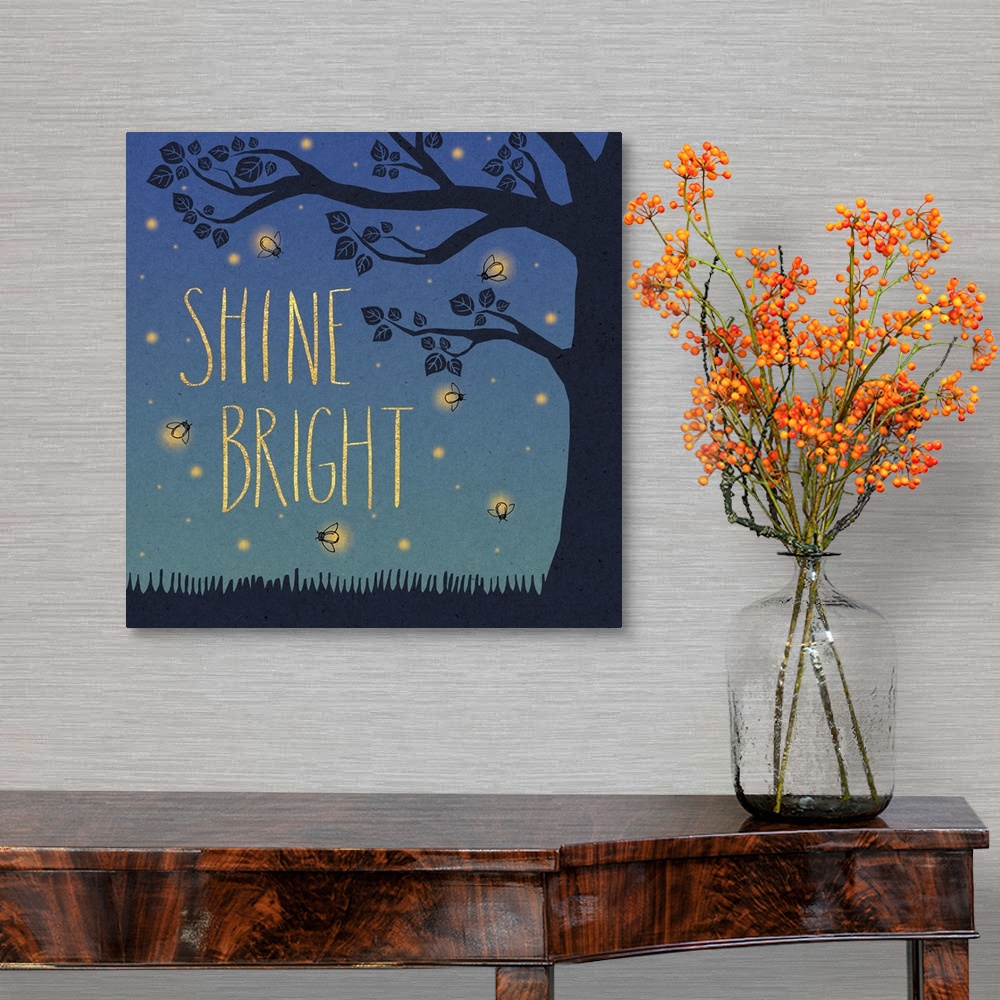 A traditional room featuring "Shine Bright" in yellow letters surrounded by fireflies and a tree silhouette.