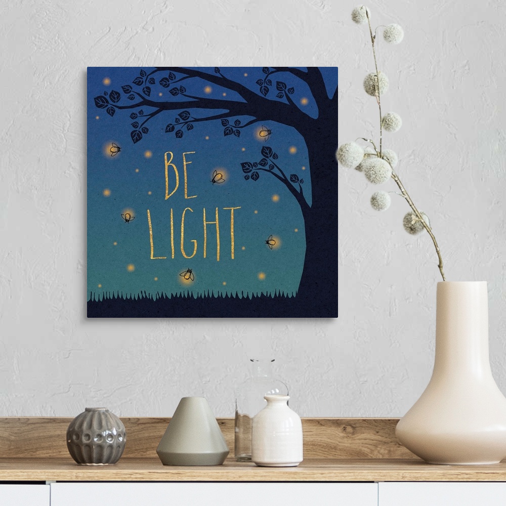 A farmhouse room featuring "Be Light" in yellow letters surrounded by fireflies and a tree silhouette.