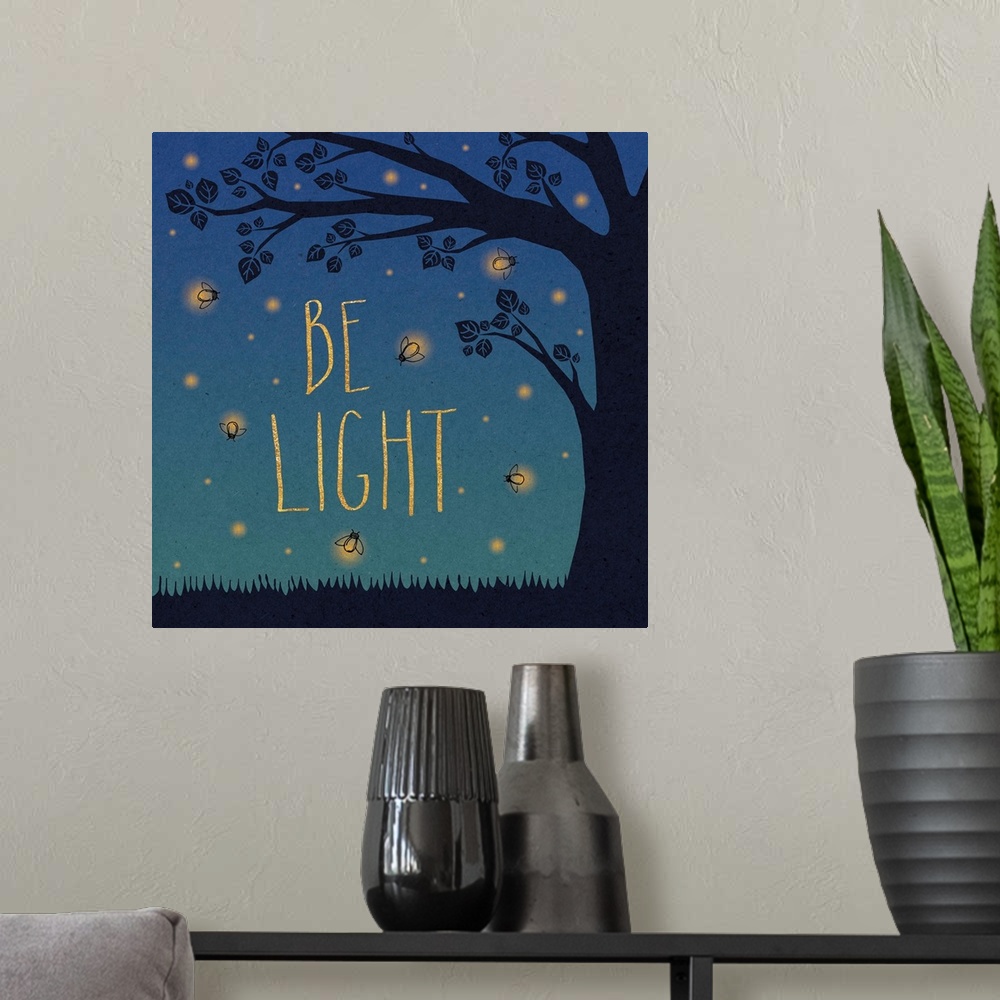 A modern room featuring "Be Light" in yellow letters surrounded by fireflies and a tree silhouette.