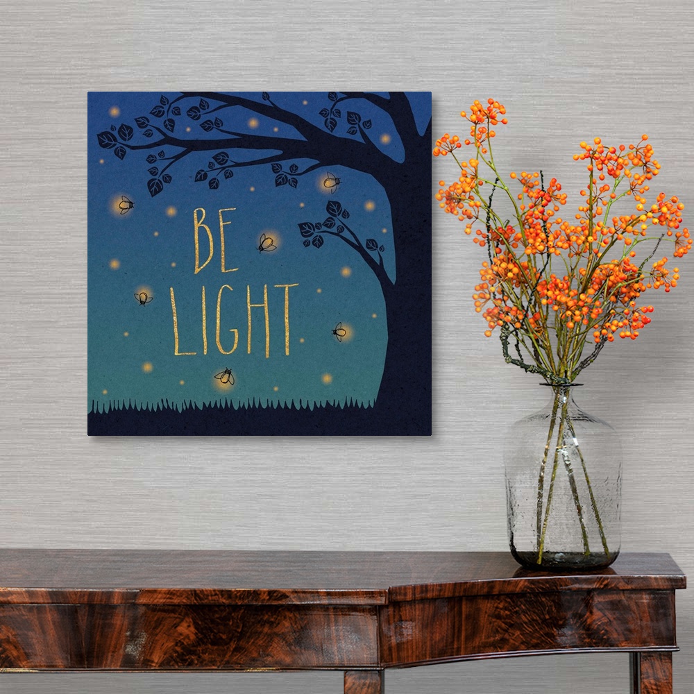 A traditional room featuring "Be Light" in yellow letters surrounded by fireflies and a tree silhouette.