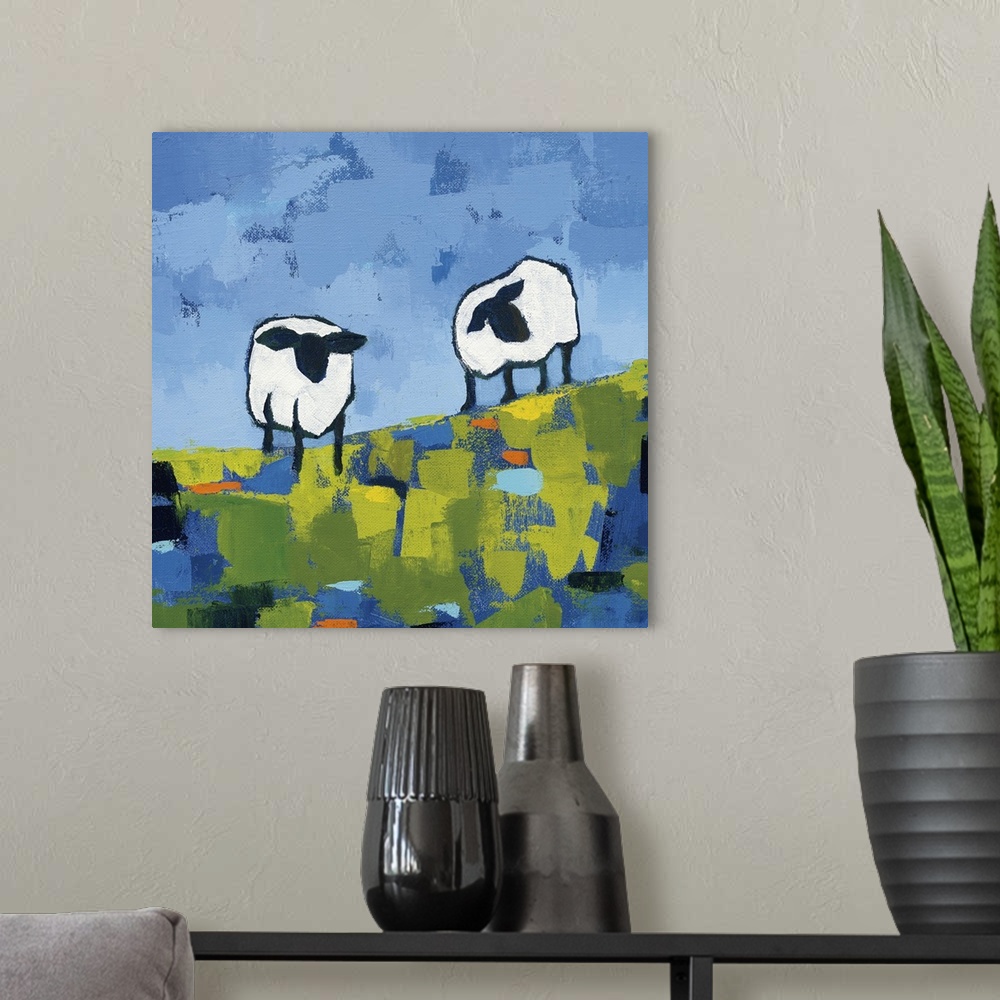 A modern room featuring Cool toned square abstract painting of two sheep standing on a hill made out of short blue, green...