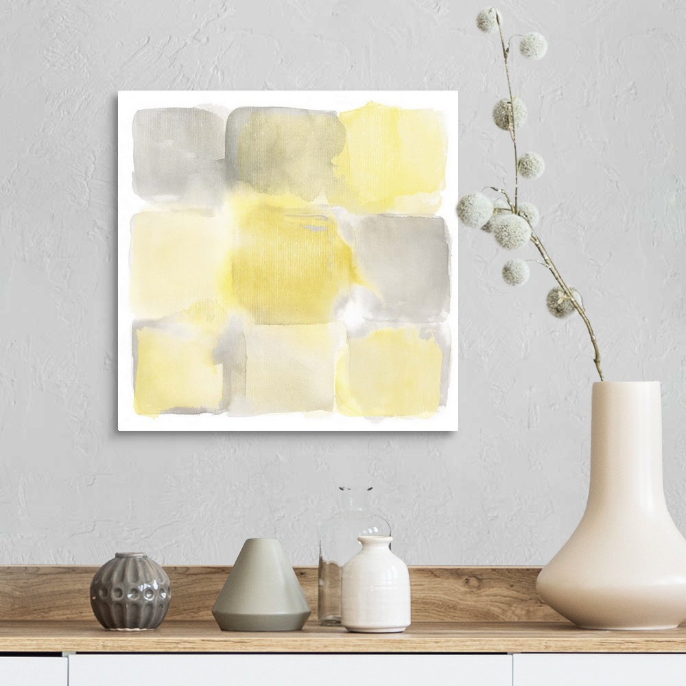 A farmhouse room featuring Simple watercolor painting of yellow and gray square shapes.