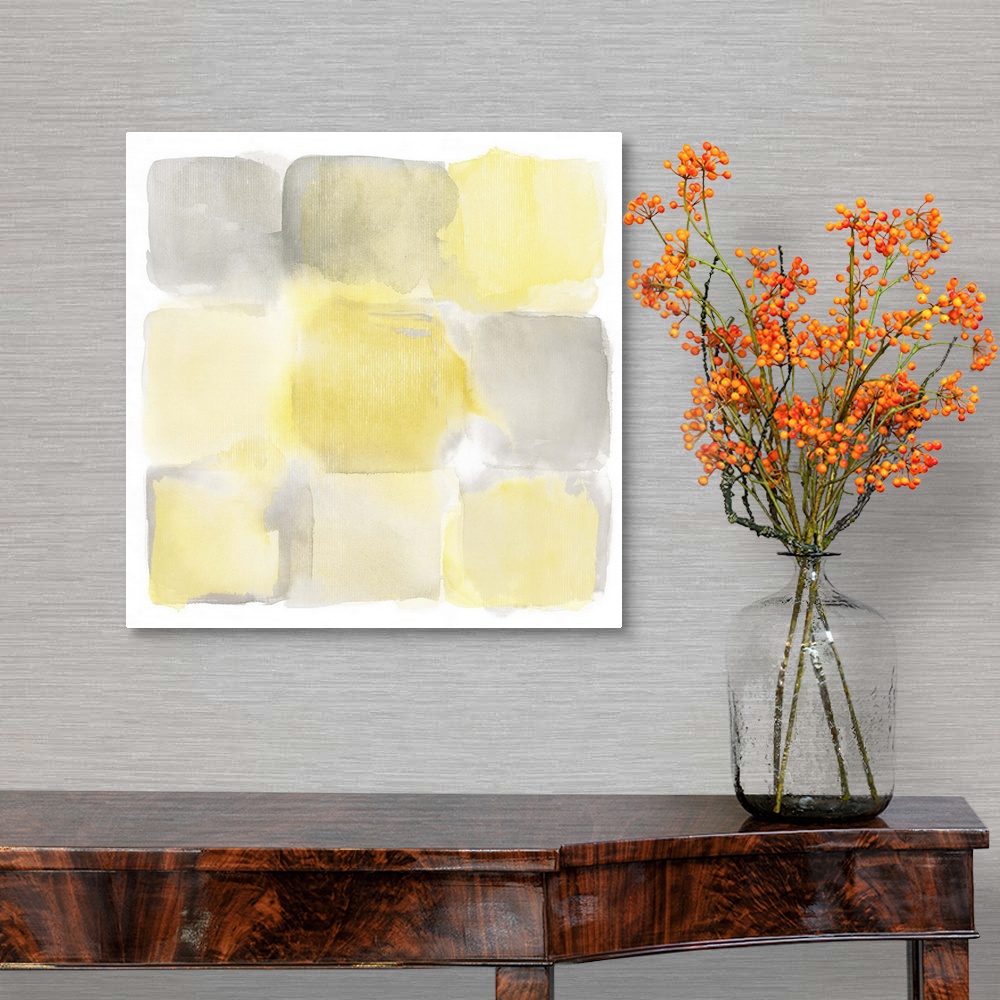 A traditional room featuring Simple watercolor painting of yellow and gray square shapes.