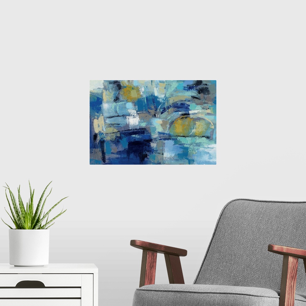 A modern room featuring Contemporary abstract painting using tones of blue to create depth.