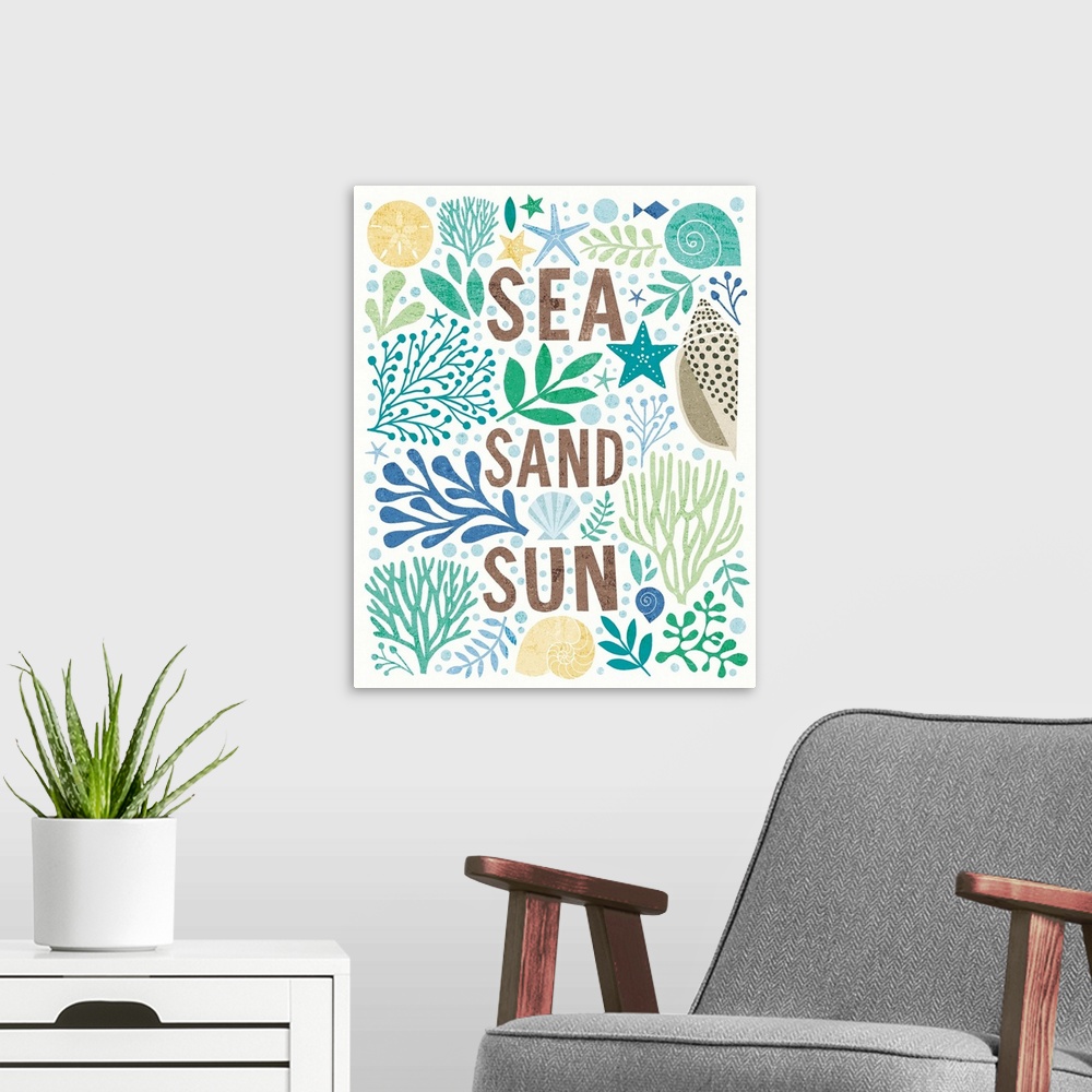 A modern room featuring Beach themed illustration with seashells, coral, starfish, and various saltwater plants.