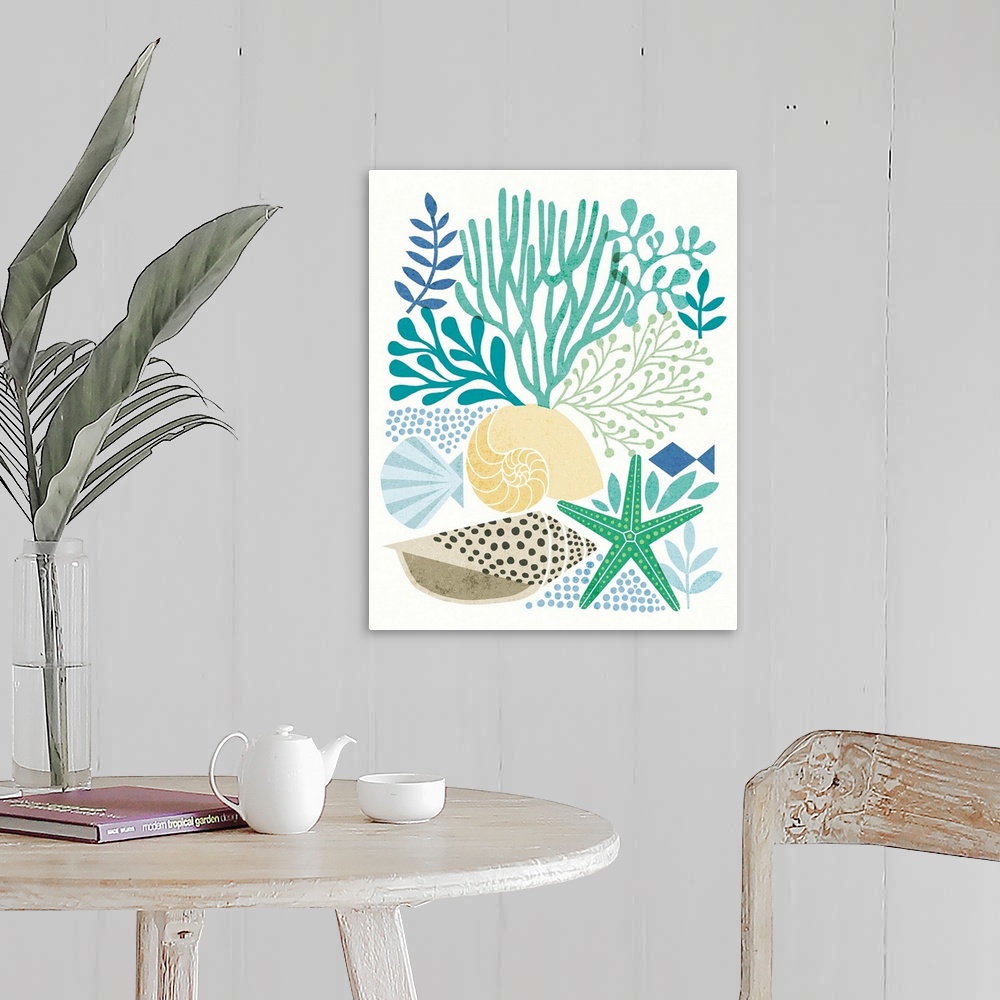A farmhouse room featuring Beach themed illustration with seashells, coral, starfish, and various saltwater plants.