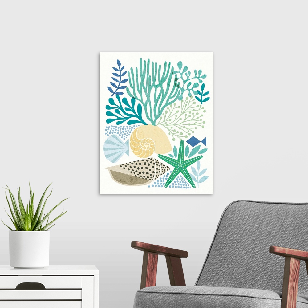A modern room featuring Beach themed illustration with seashells, coral, starfish, and various saltwater plants.