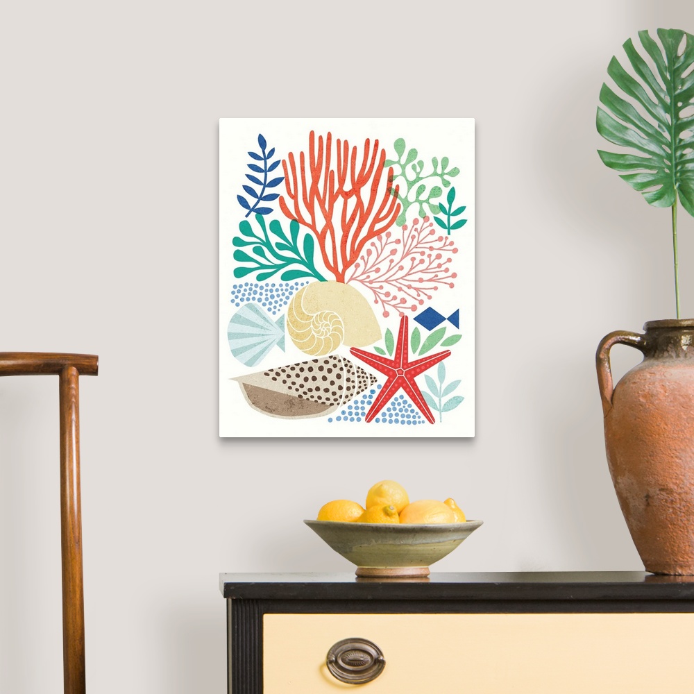 A traditional room featuring Beach themed illustration with seashells, coral, starfish, and various saltwater plants.